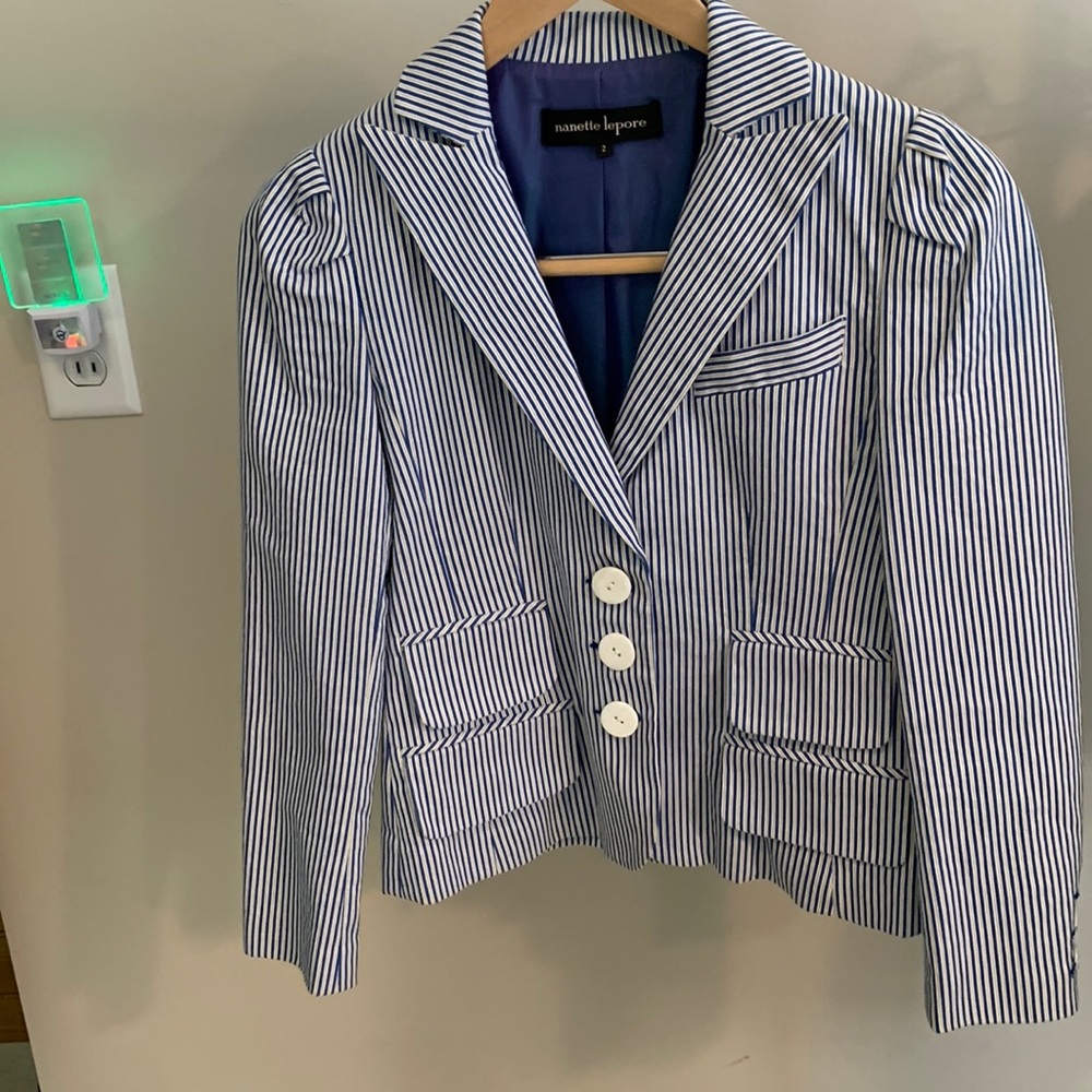 Nanette Lepore Blazer. Blue and white pinstripe. Size 2.